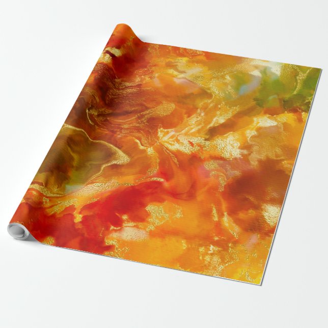 Marble red orange, gold, print wrapping paper (Unrolled)