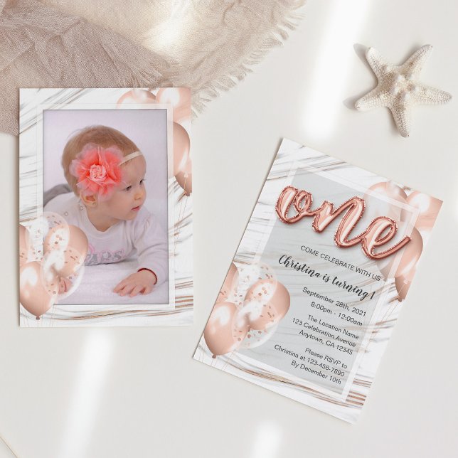 Marble Rose Gold Balloons First Birthday Girl Invitation (Creator Uploaded)
