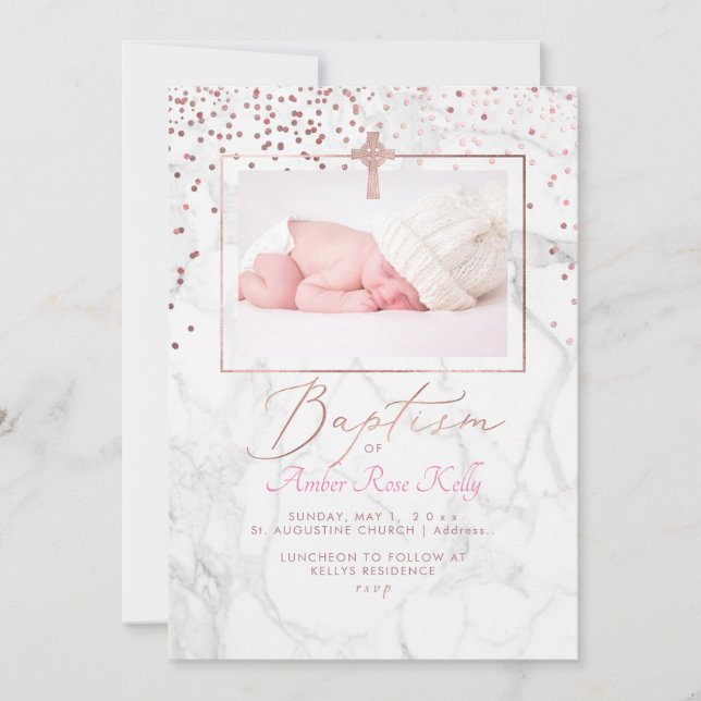 Marble Rose Gold Celtic Cross+Confetti Baptism Invitation (Front)
