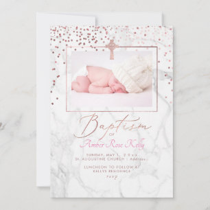 Marble Rose Gold Celtic Cross+Confetti Baptism Invitation