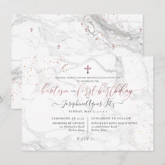 Marble Rose Gold Cross Baptism 1st Birthday Invitation (Front/Back)