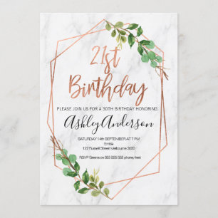 Marble Rose Gold Foliage 21st Birthday invitation