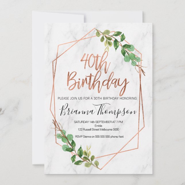 Marble Rose Gold Foliage 40th Birthday invitation (Front)