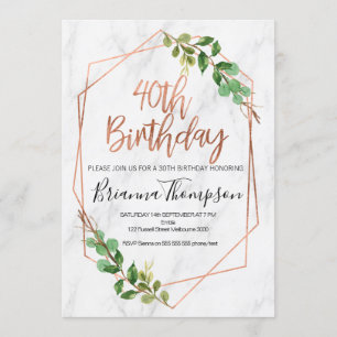 Marble Rose Gold Foliage 40th Birthday invitation