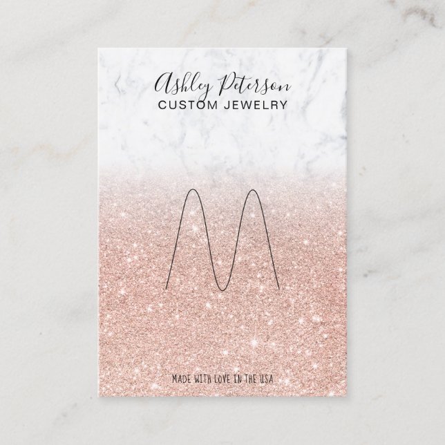 Marble rose gold glitter jewellery ring display business card (Front)