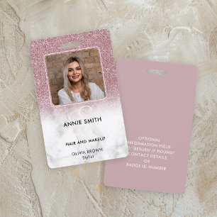 Marble Rose Gold Glitter Photo Makeup Hair Salon ID Badge