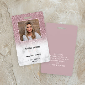 Marble Rose Gold Glitter Photo Makeup Hair Salon ID Badge