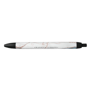 Marble Rose Gold Glitter Teal Script Monogram Black Ink Pen