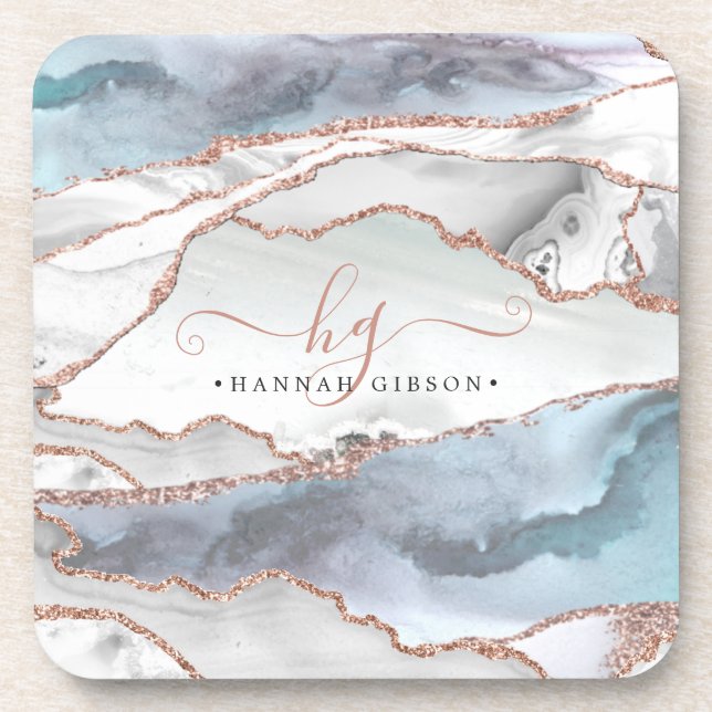 Marble Rose Gold Glitter Teal Script Monogram Coaster (Front)