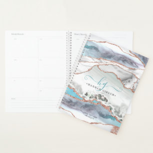 Marble Rose Gold Glitter Teal Script Monogram Planner