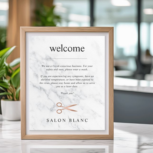 Marble & Rose Gold Hair Salon Covid Safety Welcome Poster (Creator Uploaded)