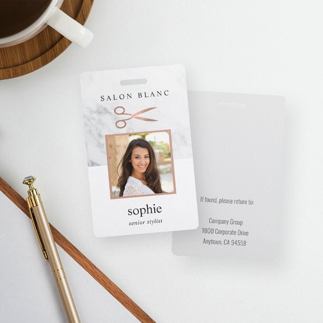 Marble & Rose Gold Hair Salon Employee Photo ID Badge (Creator Uploaded)