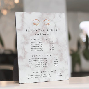 Marble Rose Gold Lash & Brow Pricing/Services Plaque