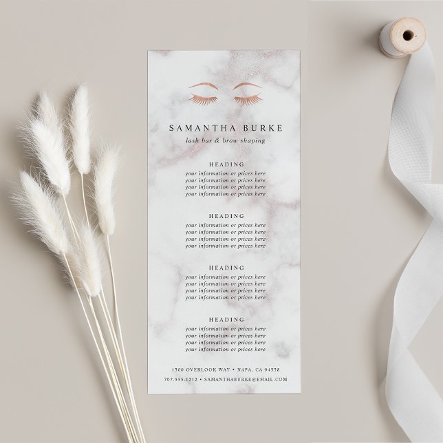 Marble Rose Gold Lashes & Brows Pricing & Services Rack Card (Creator Uploaded)