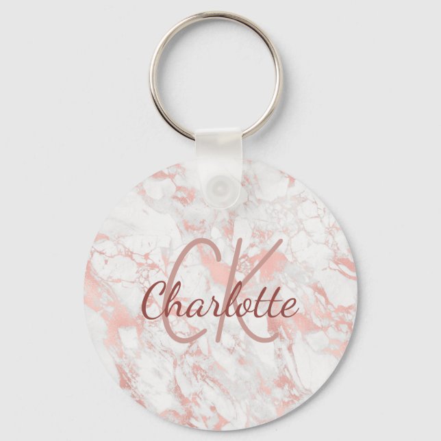 Marble rose gold monogram initials name  key ring (Front)