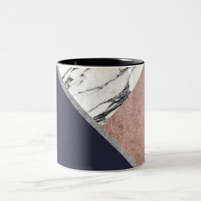 Marble Rose Gold Navy Blue Triangle Geometric Two-Tone Coffee Mug (Center)
