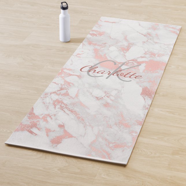 Marble rose gold pink monogram name yoga mat (In Situ)