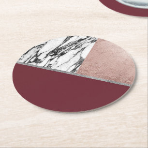 Marble Rose Gold Red Wine Triangle Geometric Round Paper Coaster