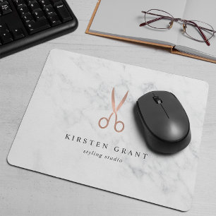 Marble & Rose Gold Scissors Hair Salon Logo Mouse Mat