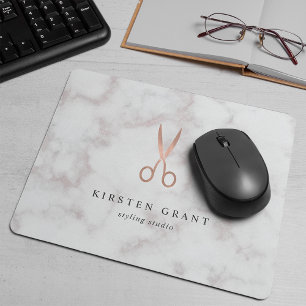 Marble & Rose Gold Scissors Hair Salon Logo Mouse Mat