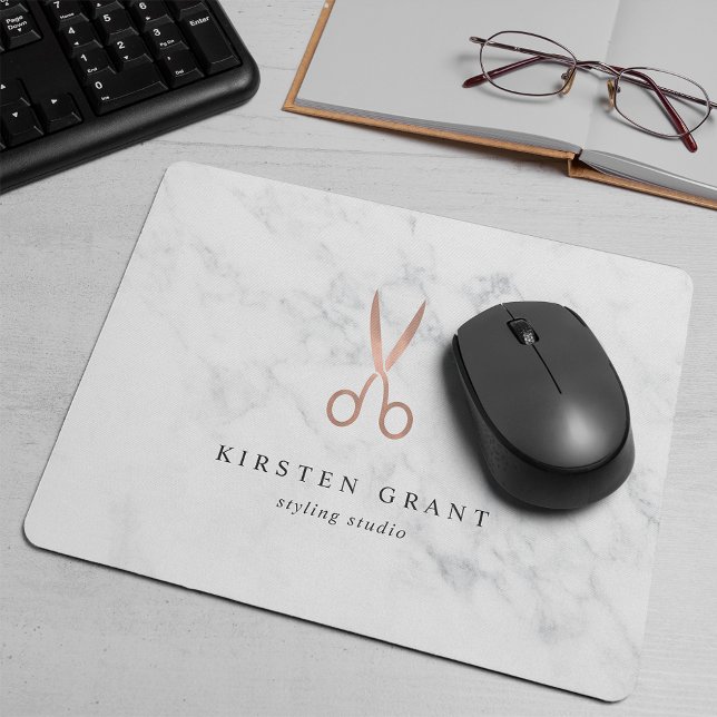Marble & Rose Gold Scissors Hair Salon Logo Mouse Mat (Creator Uploaded)