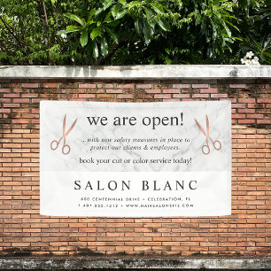 Marble & Rose Gold Scissors Hair Salon Reopening Banner