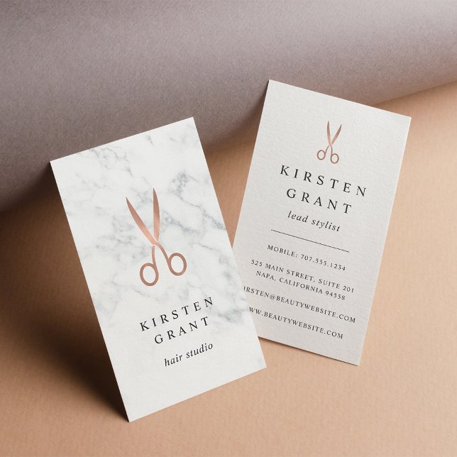 Marble & Rose Gold Scissors Hairstylist Business Card (Creator Uploaded)