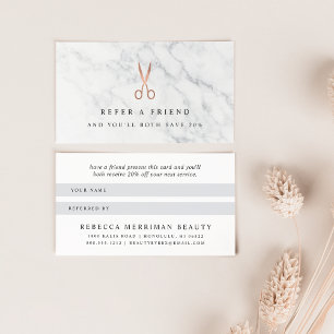Marble & Rose Gold Scissors Logo   Hair Salon Referral Card