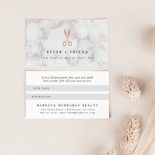 Marble & Rose Gold Scissors Logo   Hair Salon Referral Card