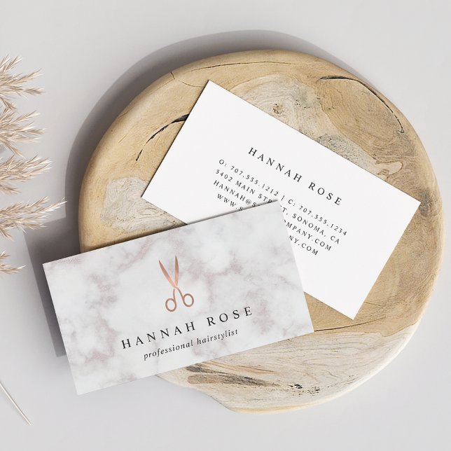 Marble & Rose Gold Scissors Logo Hairstylist Business Card (Creator Uploaded)