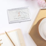 Marble Rose Gold Scissors Personalised Hairstylist Business Card Holder<br><div class="desc">Elegant business card holder for hairstylists or salon owners features your name and/or business name in dark grey lettering on a white marble background adorned with a pair of stylist's scissors in faux rose gold foil.</div>