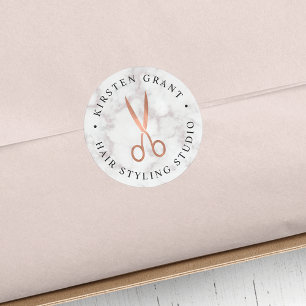 Marble & Rose Gold Scissors Salon Logo Classic Round Sticker