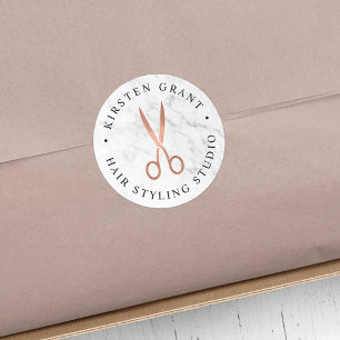 Marble & Rose Gold Scissors Salon Logo Classic Round Sticker