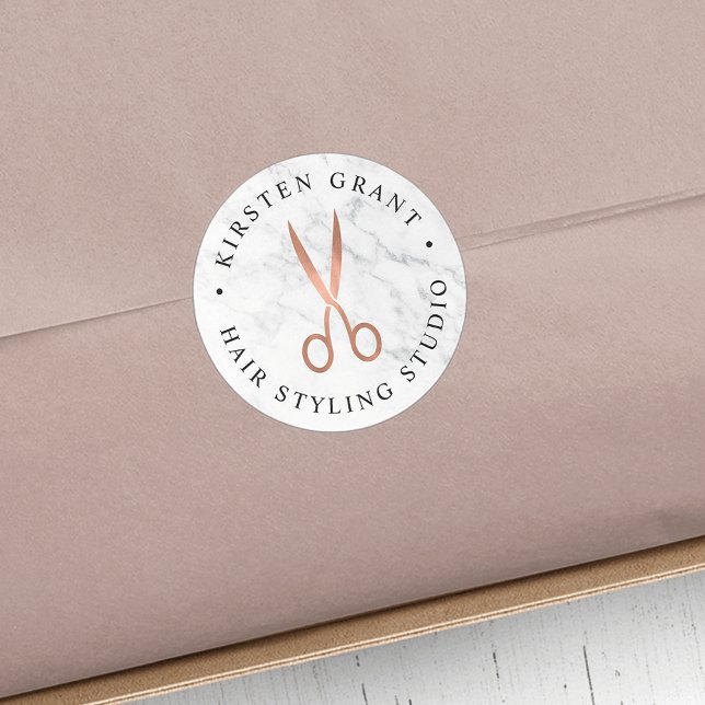 Marble & Rose Gold Scissors Salon Logo Classic Round Sticker (Creator Uploaded)