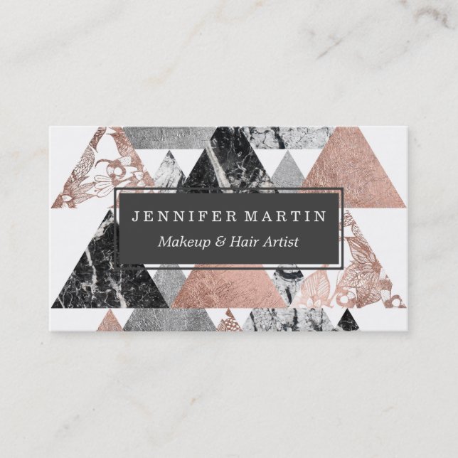 Marble Rose Gold Silver and Floral Geo Triangles Business Card (Front)