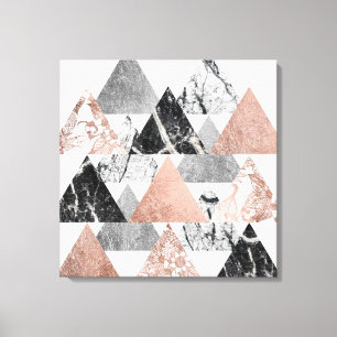 Marble Rose Gold Silver and Floral Geo Triangles Canvas Print
