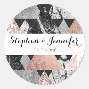 Marble Rose Gold Silver and Floral Geo Triangles Classic Round Sticker