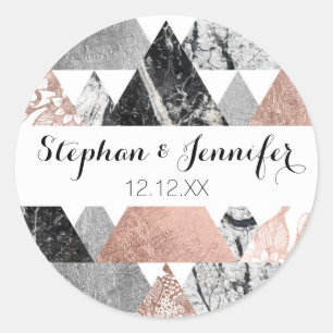 Marble Rose Gold Silver and Floral Geo Triangles Classic Round Sticker