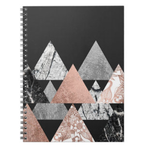 Marble Rose Gold Silver and Floral Geo Triangles Notebook