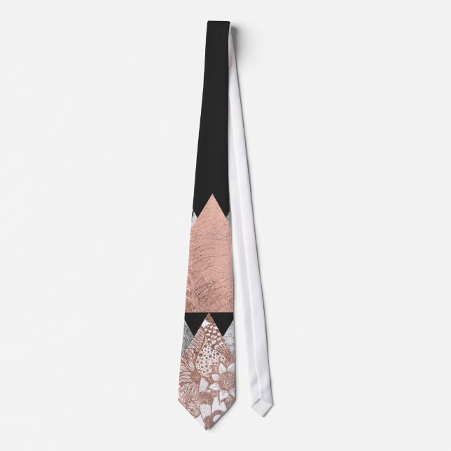 Marble Rose Gold Silver and Floral Geo Triangles Tie (Front)