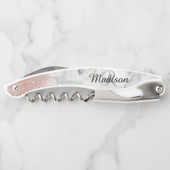 Marble Rose Gold Stylish Monogram Glitter Corkscrew (Back)