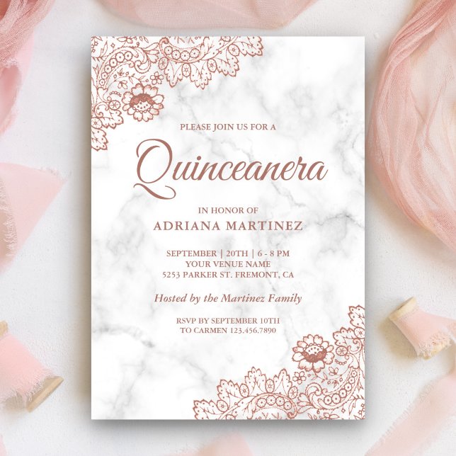 Marble Rose Gold Vintage Country Lace Quinceanera Invitation (Creator Uploaded)
