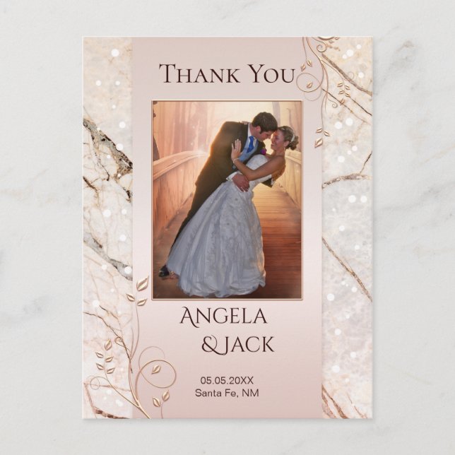 Marble Rose Gold Wedding Photo Thank You Postcard (Front)