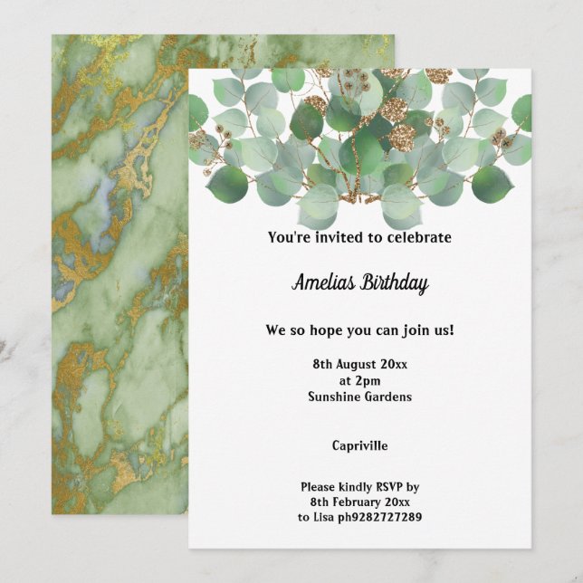 MARBLE SAGE EUCALYPTUS 2 BIRTHDAY PARTY INVITATION (Front/Back)