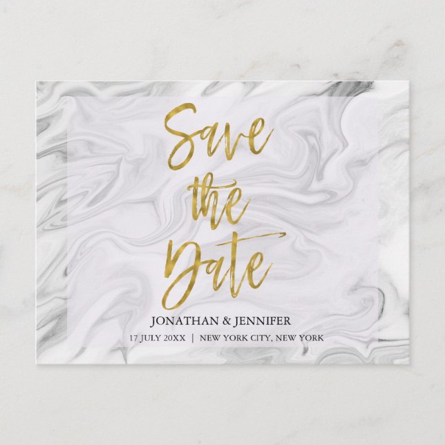 Marble Save the Date with Gold Foil Typography Announcement Postcard (Front)