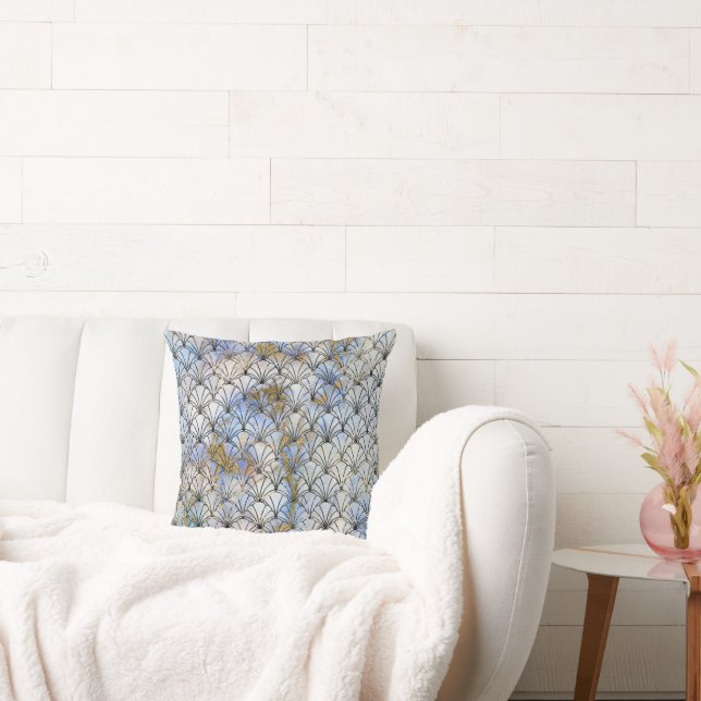 MARBLE SHELL DESIGN ART DECO BLUE GOLD CUSHION (Couch)