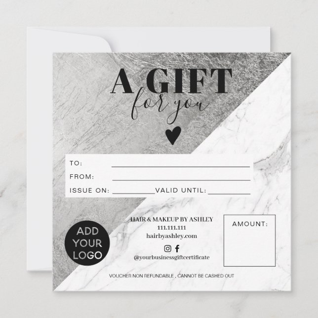 Marble silver block square gift certificate logo (Front)