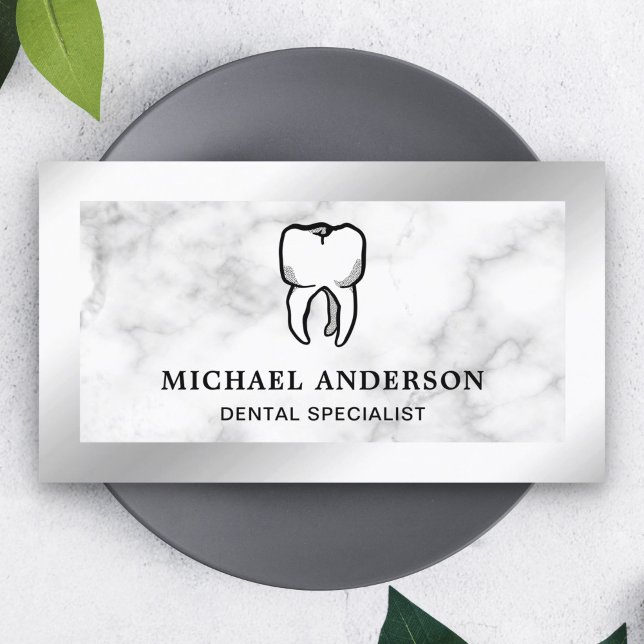 Marble Silver Foil Dental Clinic Tooth Dentist Business Card (Creator Uploaded)