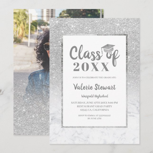 Marble silver glitter class of photo graduation invitation (Front/Back)