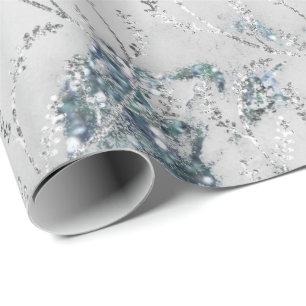 Marble Silver Gray Blue Aqua Floral Foils Laurel Wrapping Paper